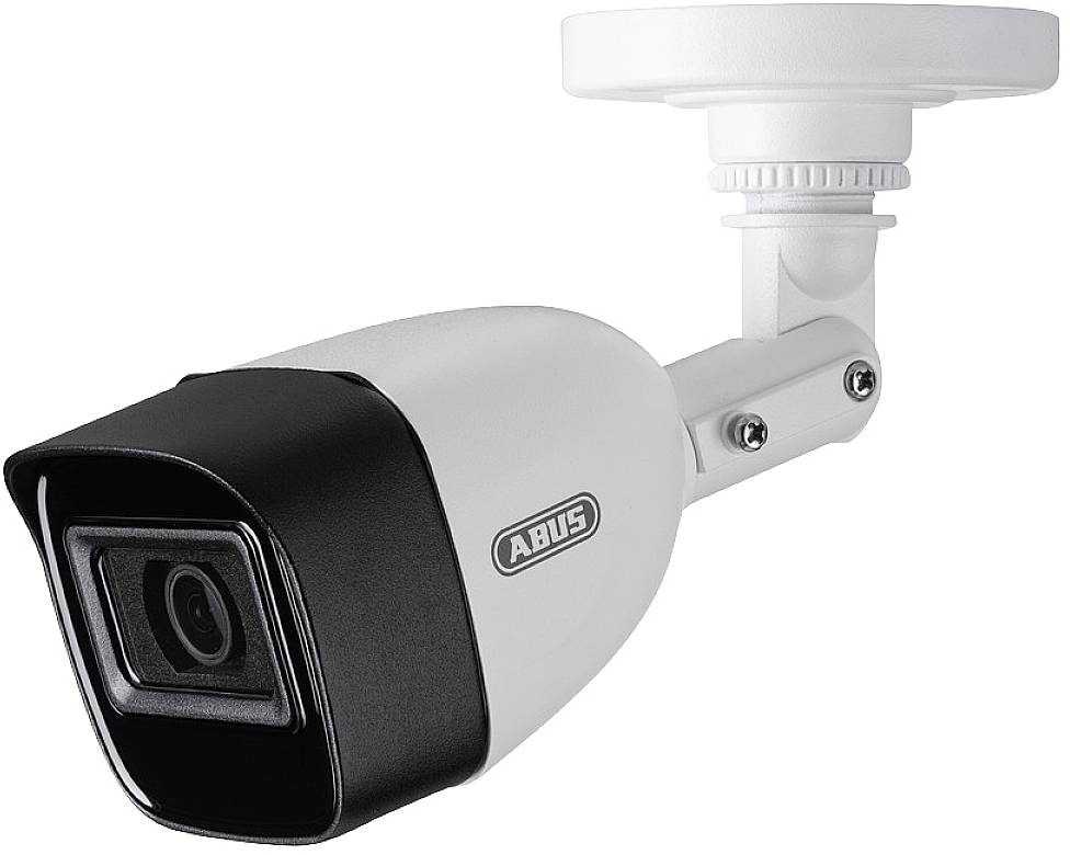 Caméra de surveillance, montée sur un support mural, présentant un design moderne, principalement en noir et blanc.