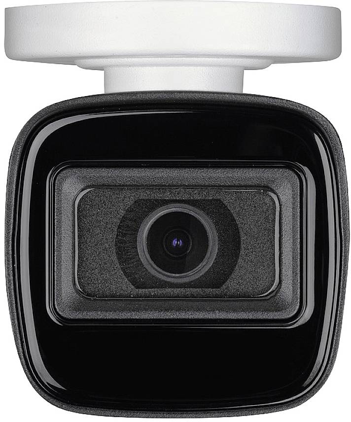 Caméra de surveillance noire avec boîtier blanc, présentant un objectif rectangulaire au centre ; adaptée aux systèmes de sécurité.