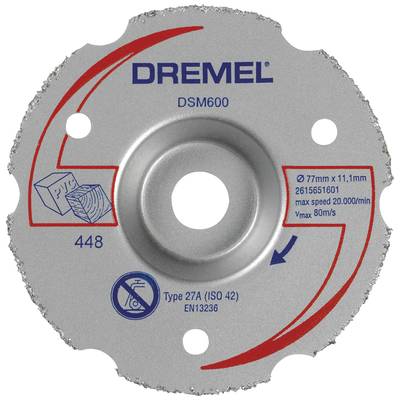 Feuille de ponçage Dremel DSM600 pour des travaux précis sur bois, maçonnerie et plastique. Diamètre : 77 mm, vitesse maximale : 20 000 tr/min.