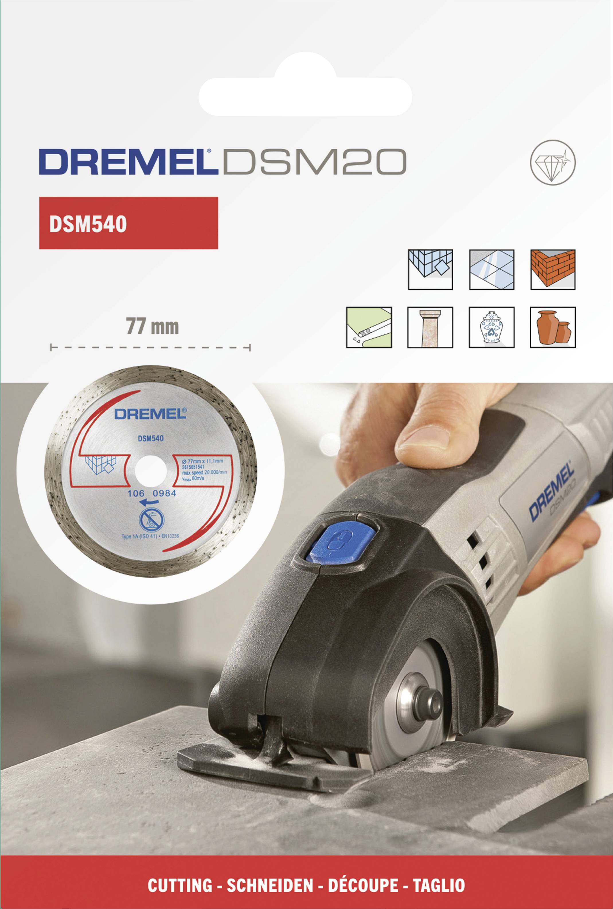 Emballage d'un Dremel DSM20 avec un disque de coupe DSM540, montrant l'outil en train de couper de la pierre. Icônes représentant différents matériaux.