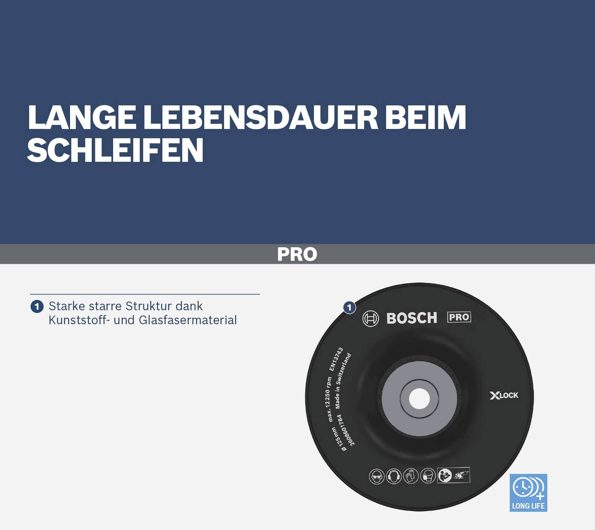 'Longue durée de vie lors du ponçage' Disque abrasif X-LOCK à structure rigide en plastique et matériau en fibre de verre. Bosch Pro.