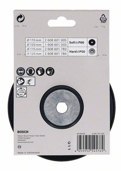 Bouclier de marque 'Bosch' sur un emballage de disque abrasif. Sont indiqués le diamètre (115 mm, 125 mm) et la granulométrie (Soft P60, Hard P50), ainsi que des symboles d'application et de recyclage.