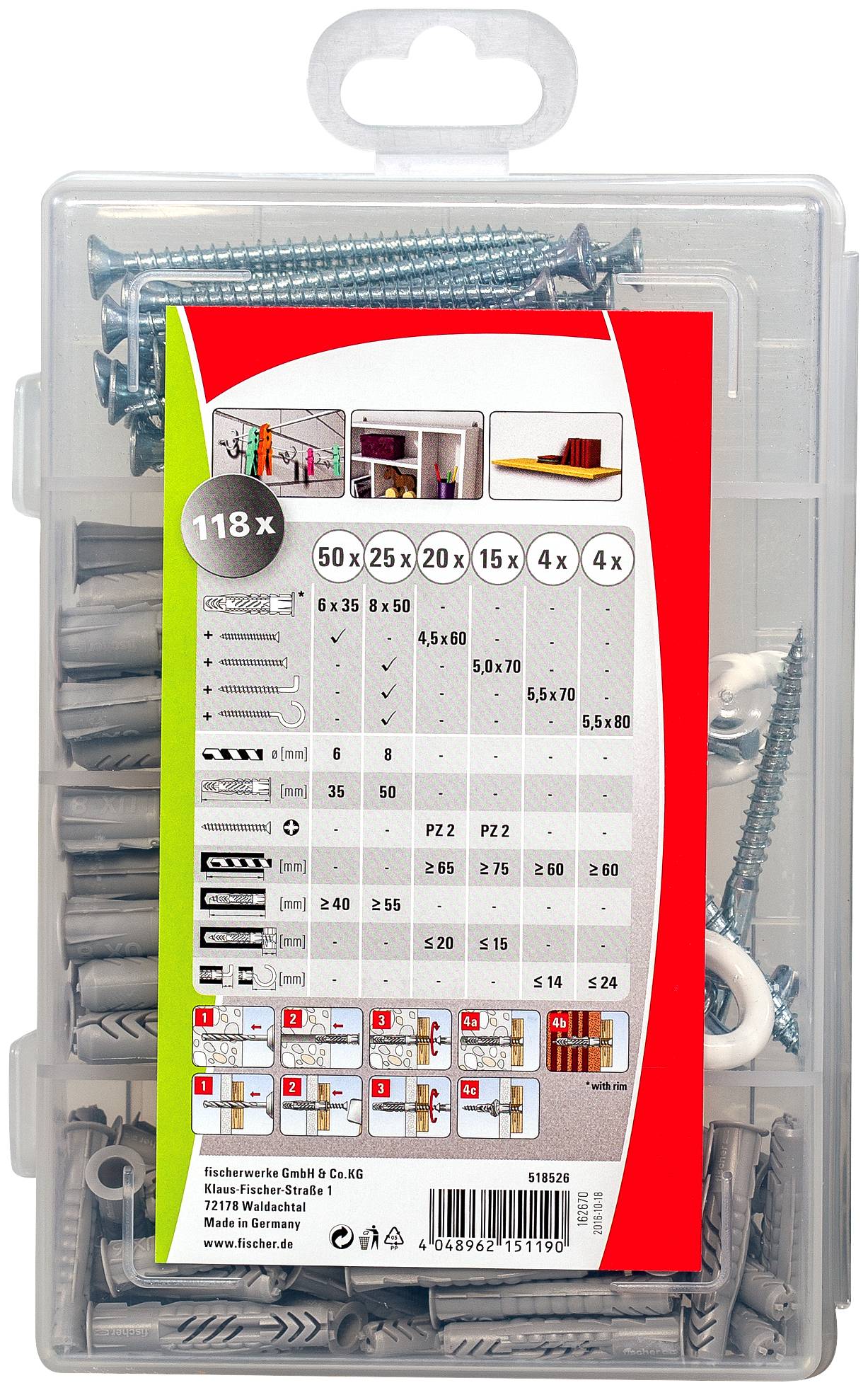 Boîte en plastique transparent avec différentes vis et chevilles rangées dans des compartiments. Contient des équerres métalliques, des chevilles et des vis assorties.