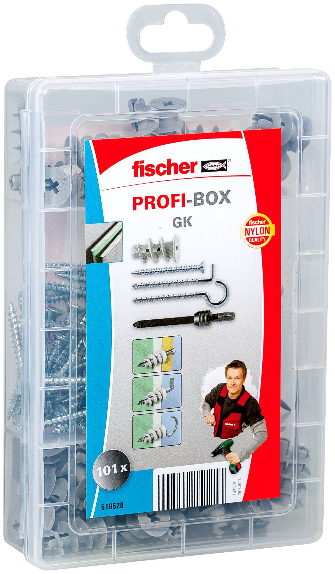 Boîte de rangement Fischer PROFI-BOX GK en plastique transparent contenant un assortiment de chevilles murales et de vis, présentée avec un emballage avant étiqueté et un contenu de 101 pièces.
