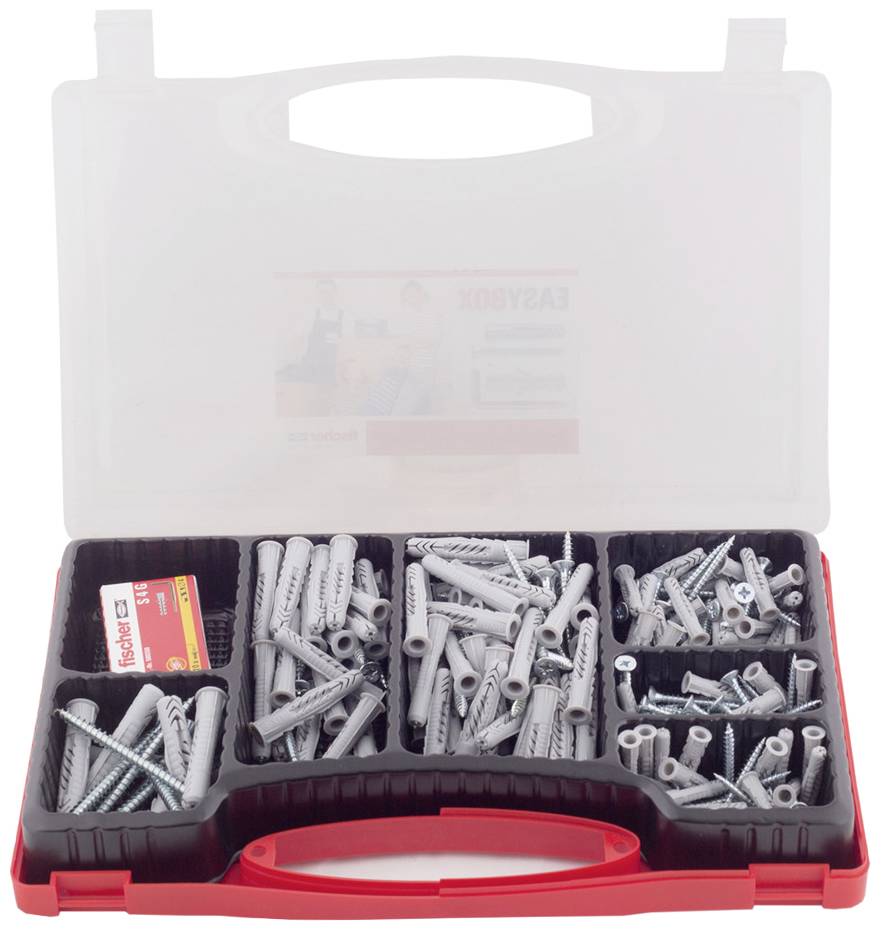 Boîte en plastique ouverte avec compartiments, remplie de différents chevilles et vis.