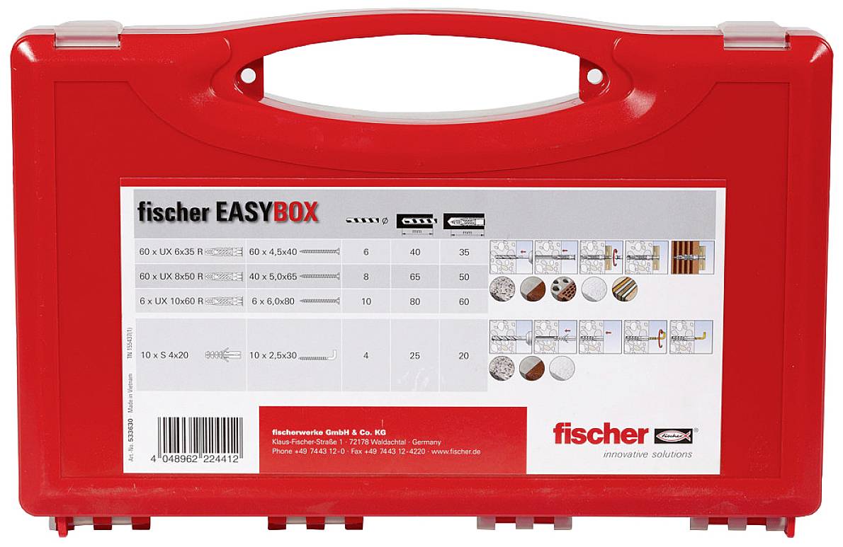 Boîte à outils rouge avec liste des tailles de vis et images d'applications. Le nom de marque 'fischer EASYBOX' bien visible sur la face avant.