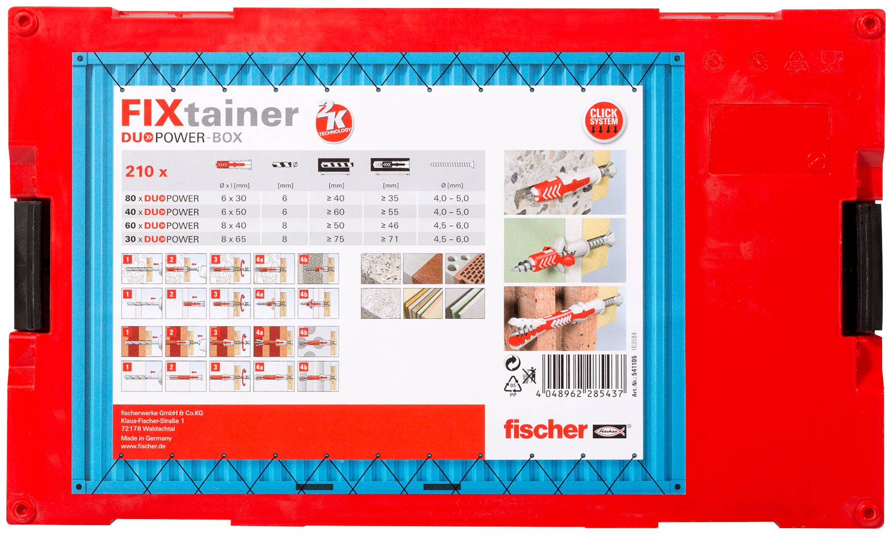 Cheville rouge et argentée portant l'inscription 'fischer'. Convient pour la fixation dans différents matériaux.