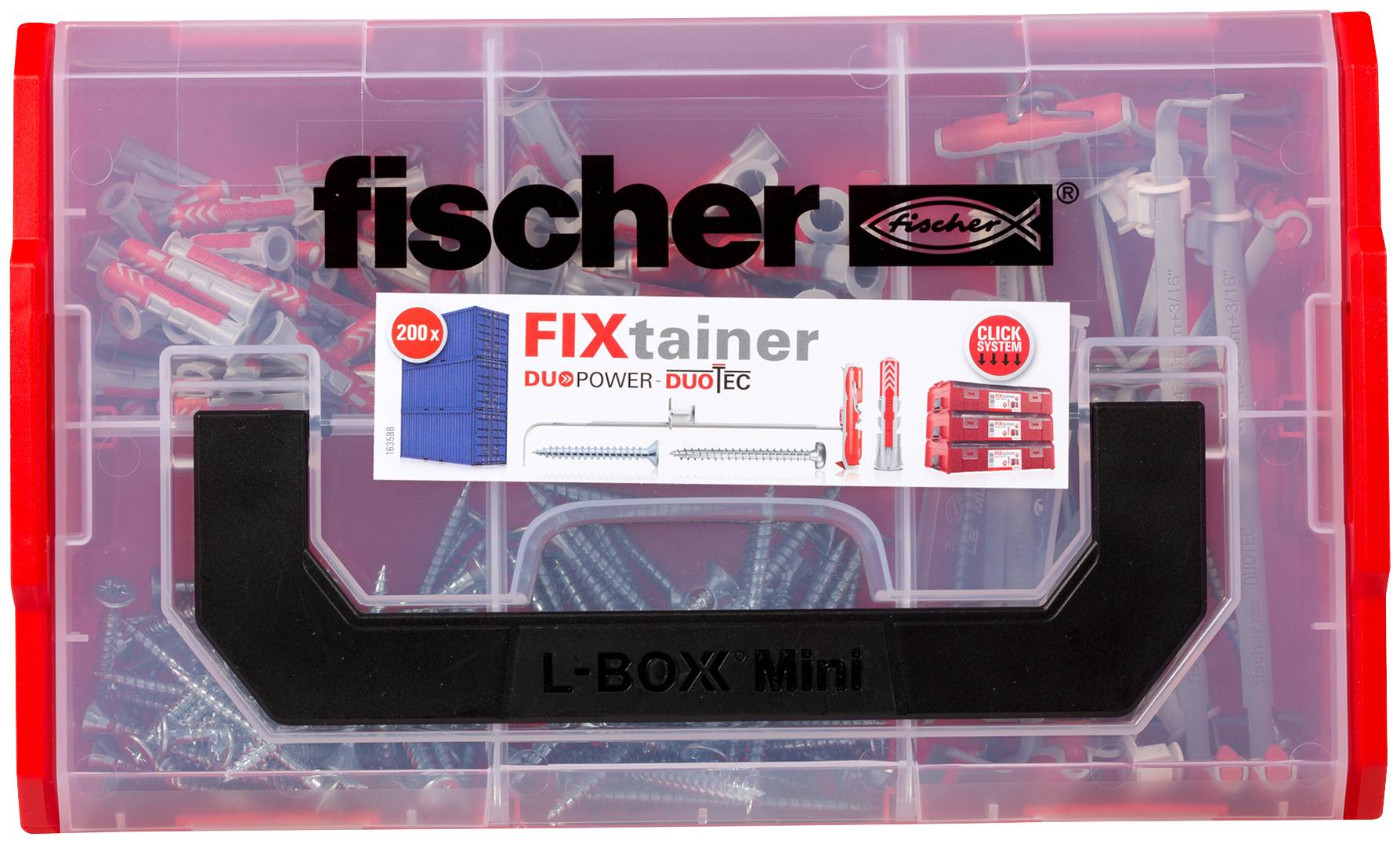 Une boîte transparente portant l'inscription 'fischer FIXtainer' contient des vis et des chevilles. Elle est équipée d'une poignée noire.