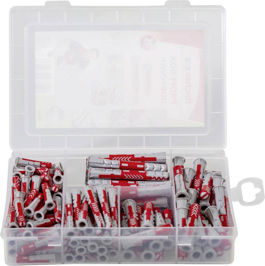 Boîte en plastique transparente avec fermeture, contenant des chevilles rouges et grises de différentes tailles, triées dans des compartiments.