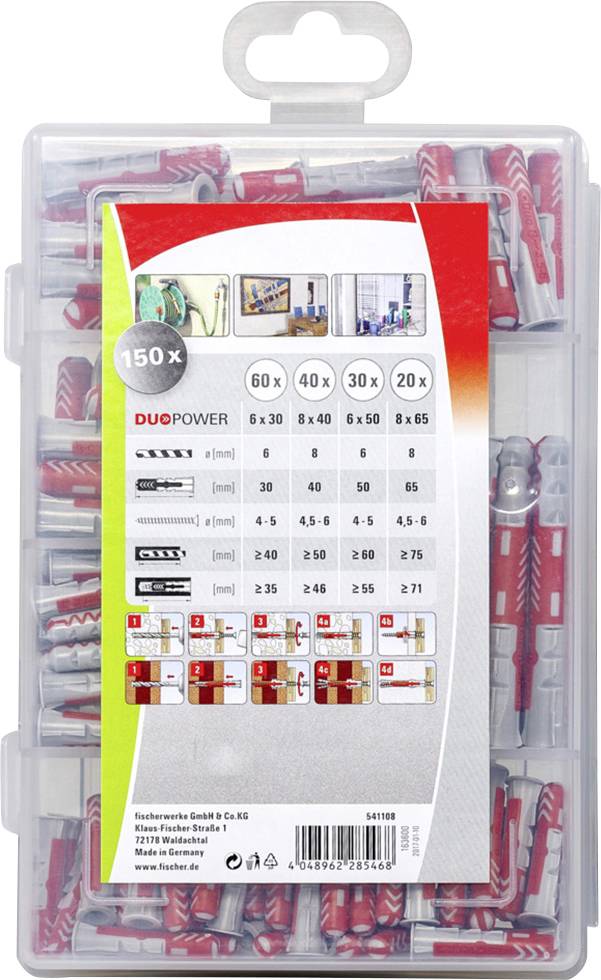 Boîte en plastique contenant 150 chevilles DuoPower de différentes tailles. L'emballage illustre l'utilisation pour divers matériaux.