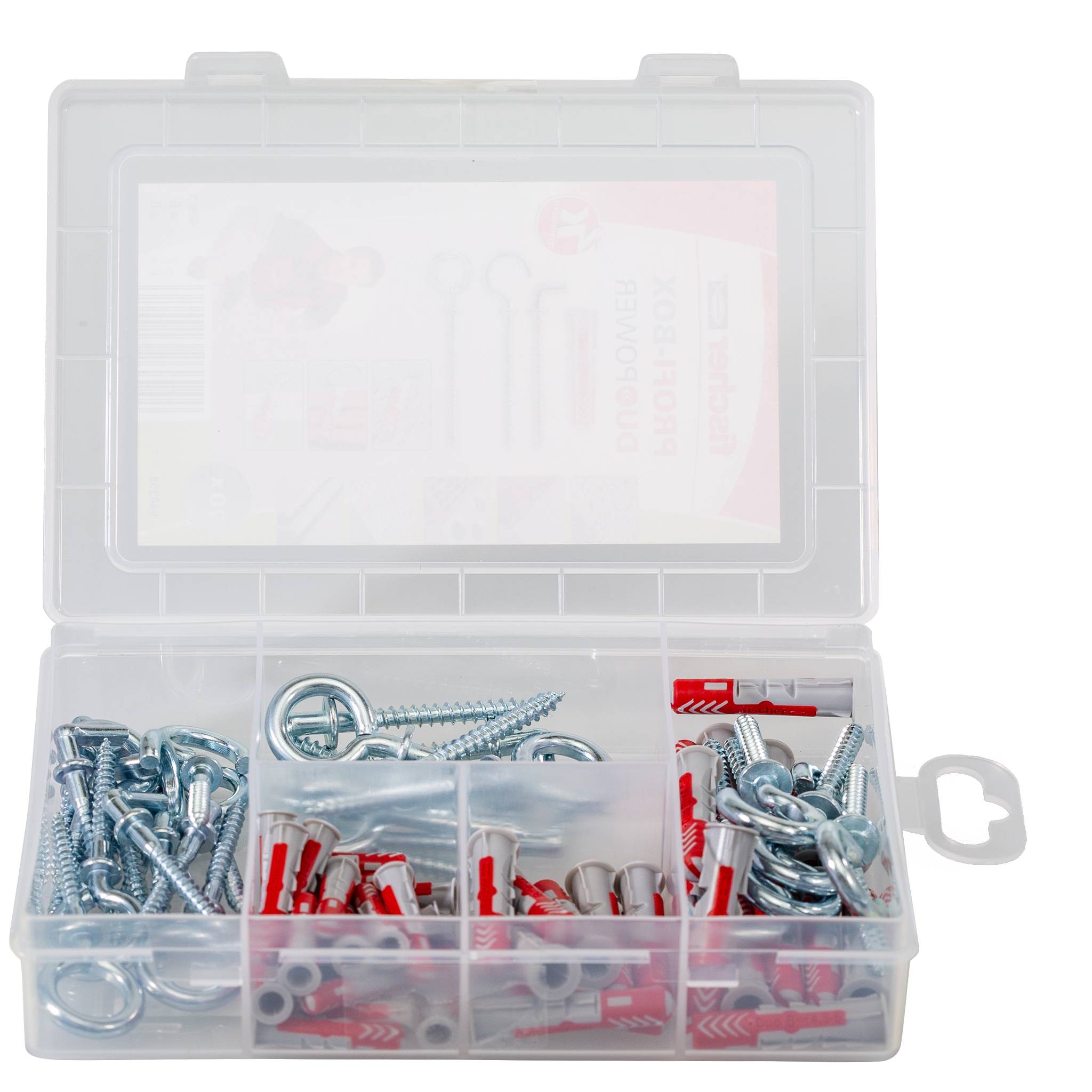 Boîte en plastique avec vis et chevilles. La face avant présente un tableau d'informations sur les dimensions des chevilles et les vis correspondantes pour le montage.