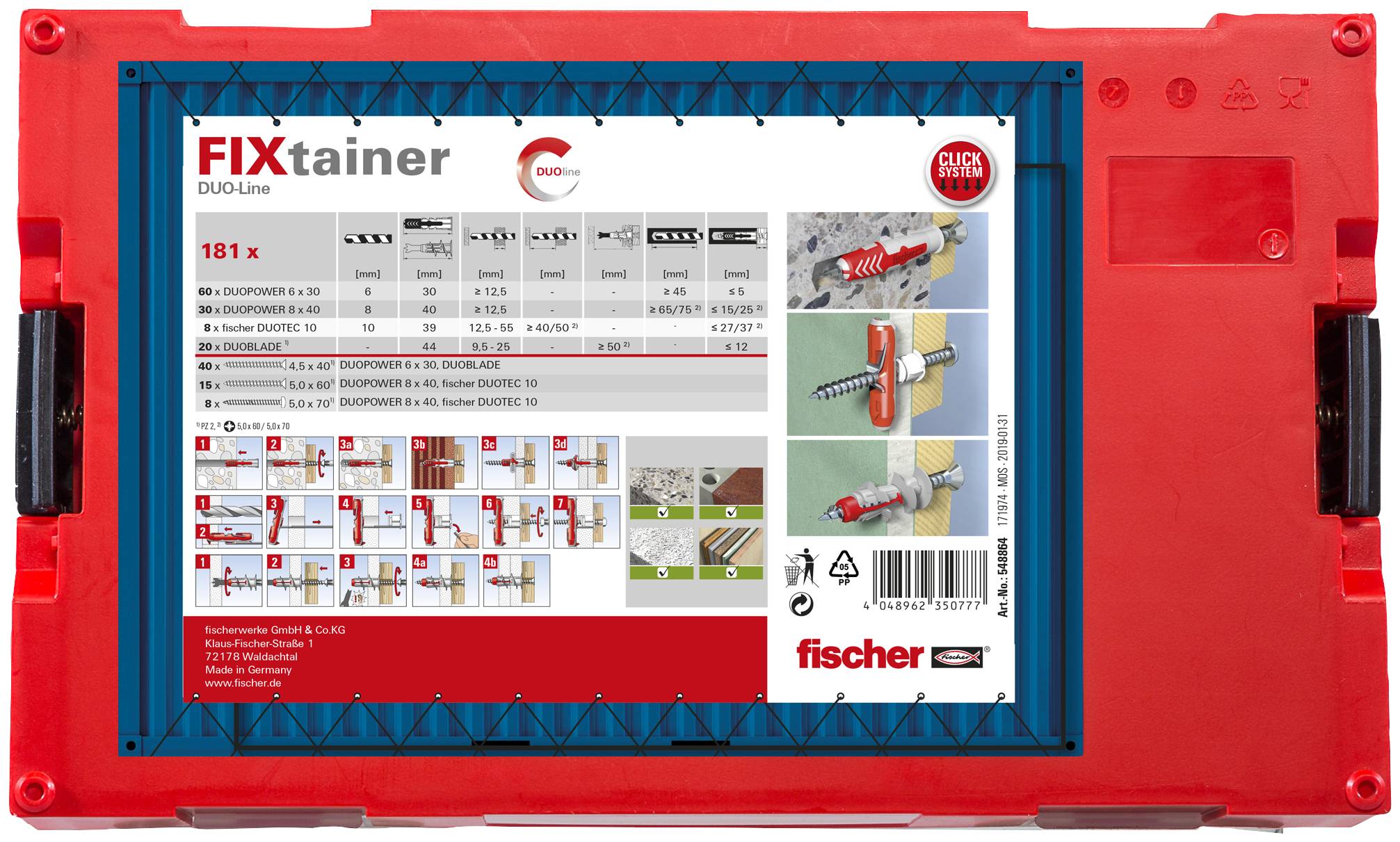 Un cheville rouge de la marque 'fischer', conçue pour des fixations stables dans les murs, présentée en vue latérale.