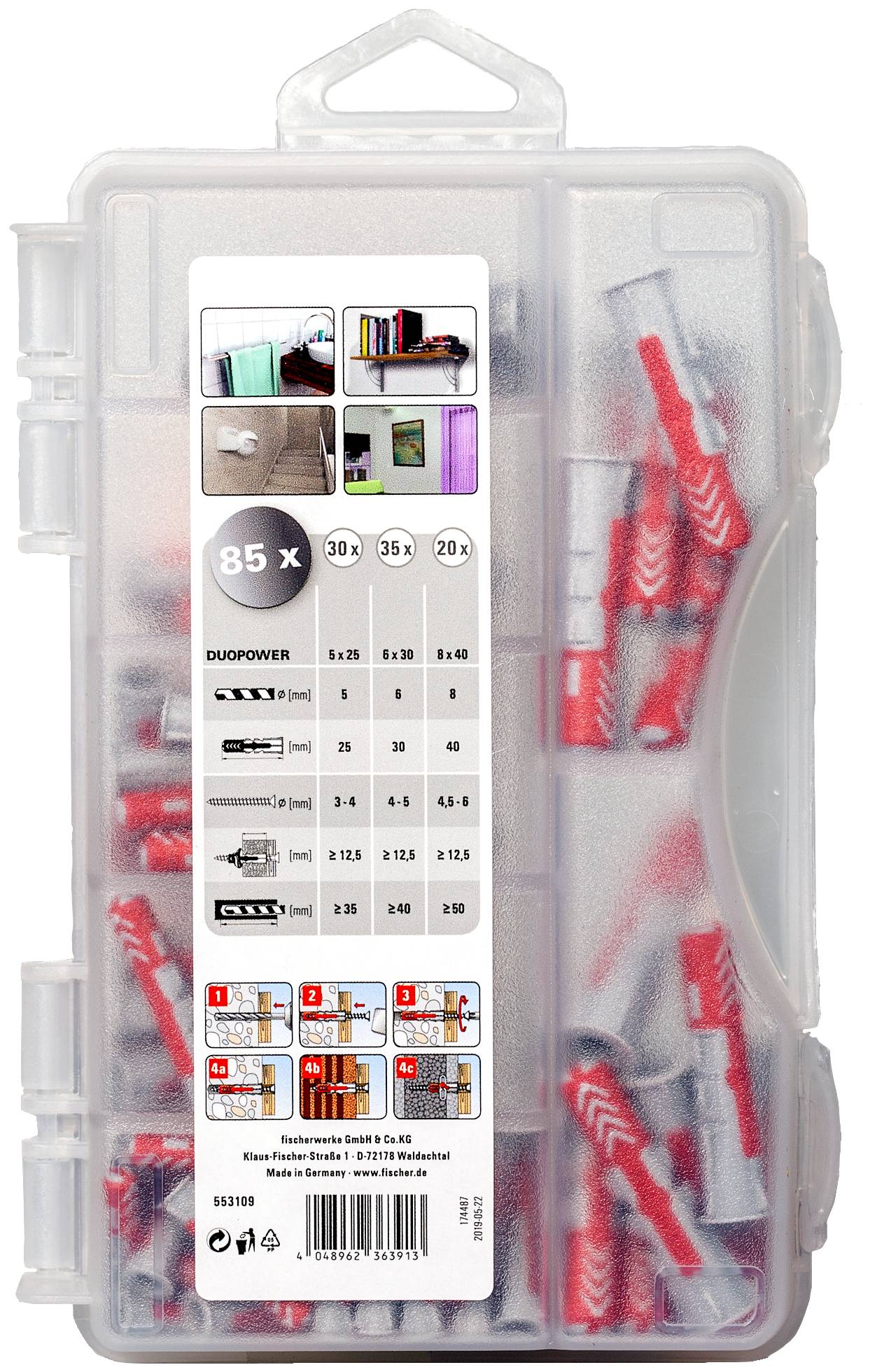 Une boîte en plastique contenant des chevilles Fischer 'DUOPOWER' en rouge et gris, idéale pour diverses applications. Comprend des illustrations d'utilisation.