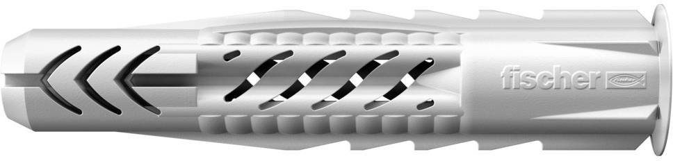 Un cheville grise en plastique avec des fentes et le logo 'fischer' sur le côté, utilisée pour fixer des vis dans les murs.