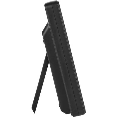 Cadre photo numérique noir, vu de côté, avec support dépliable.
