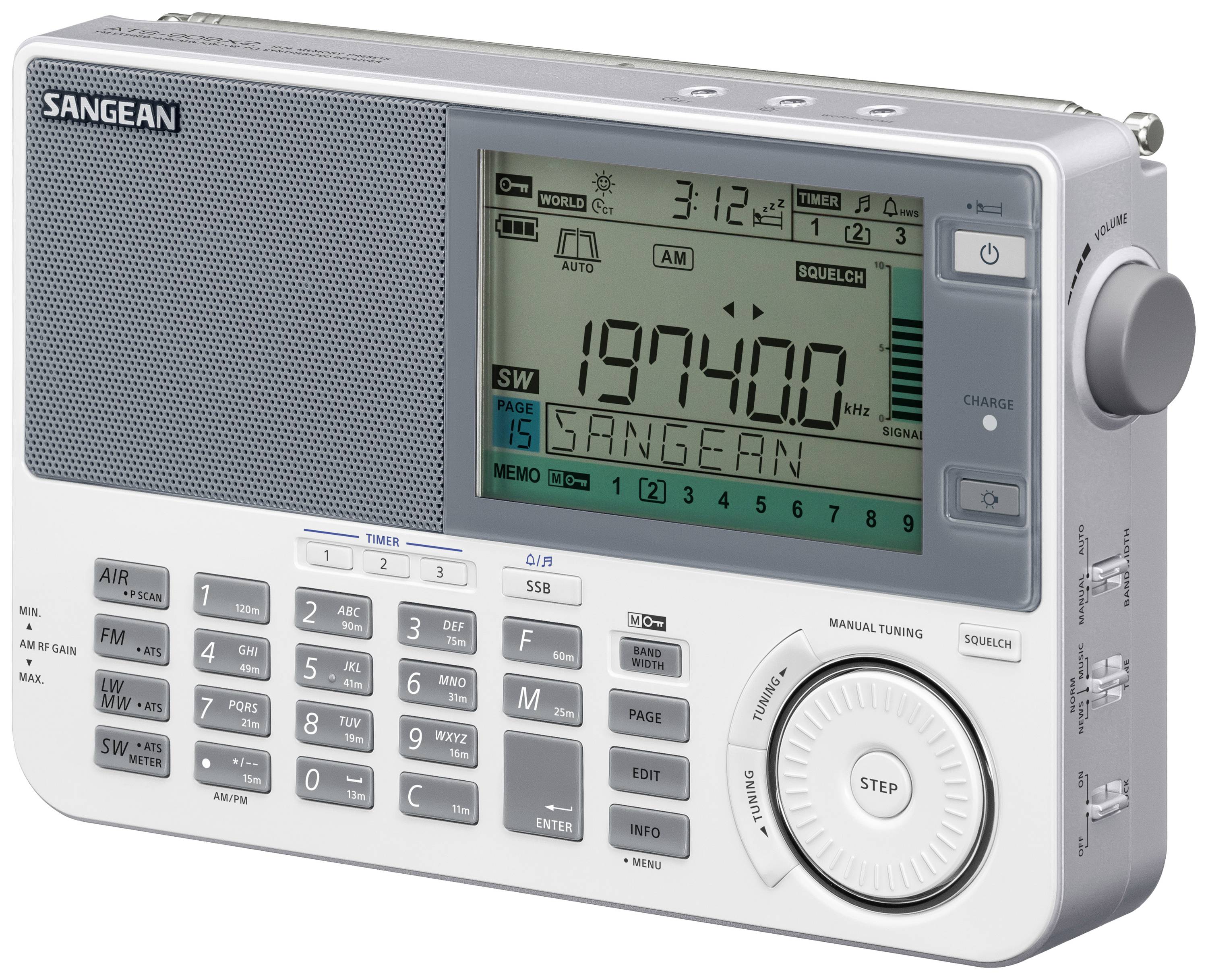 Un radio portable avec un affichage numérique indique la fréquence 1974 kHz et l'émetteur 'Sangean'. Touches pour les réglages de bande et de fréquence.