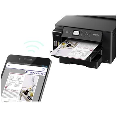 Un smartphone envoie un signal d'impression à une imprimante qui imprime un document au format A3 (297 x 420 mm).