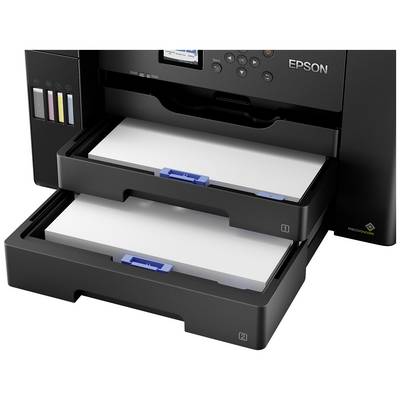 Une imprimante avec deux bacs à papier ouverts. Le bac supérieur est presque vide, tandis que le bac inférieur est rempli de papier. Marque : Epson.