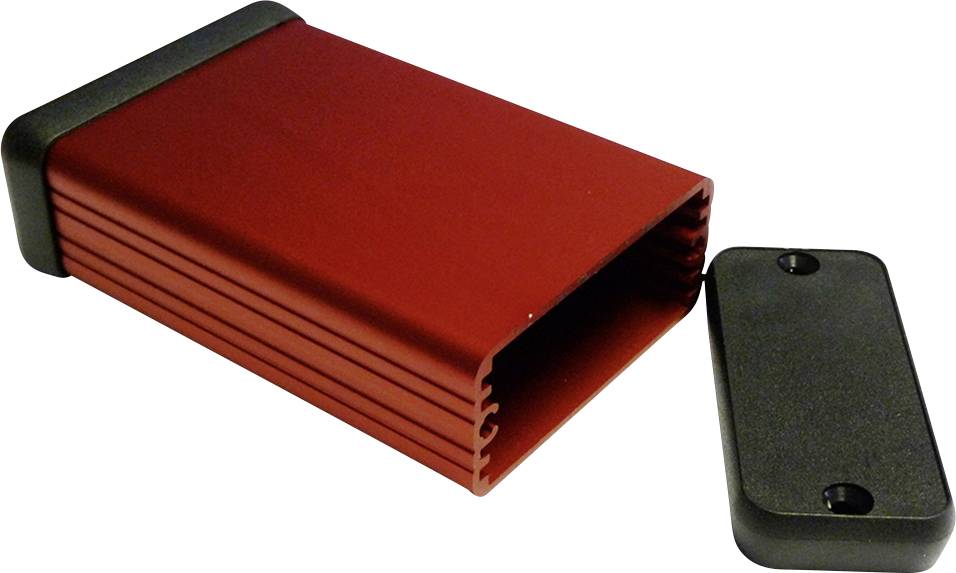 Un boîtier rectangulaire rouge en aluminium avec une extrémité noire amovible, probablement destiné à contenir des composants électroniques.
