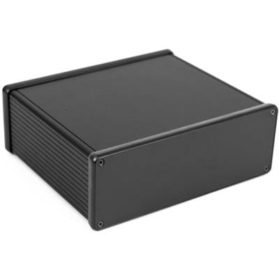 Un boîtier métallique rectangulaire laqué en noir, adapté aux appareils électroniques, est posé sur une surface plane.