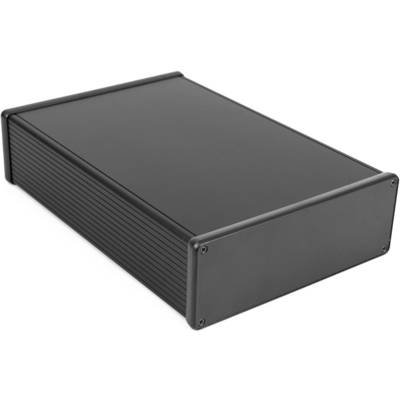 Boîtier en aluminium noir, rectangulaire, avec des fentes de ventilation sur les côtés, adapté à l'emballage d'appareils électroniques.