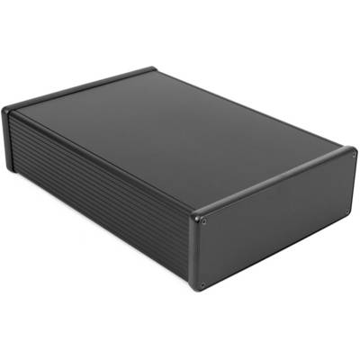 Boîtier noir en aluminium, rectangulaire, pour appareils électroniques. Robuste et au design moderne, adapté à diverses applications.