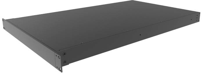 Un plateau de rack serveur en métal noir, adapté à l'installation dans une armoire serveur, avec des trous de vis aux coins.
