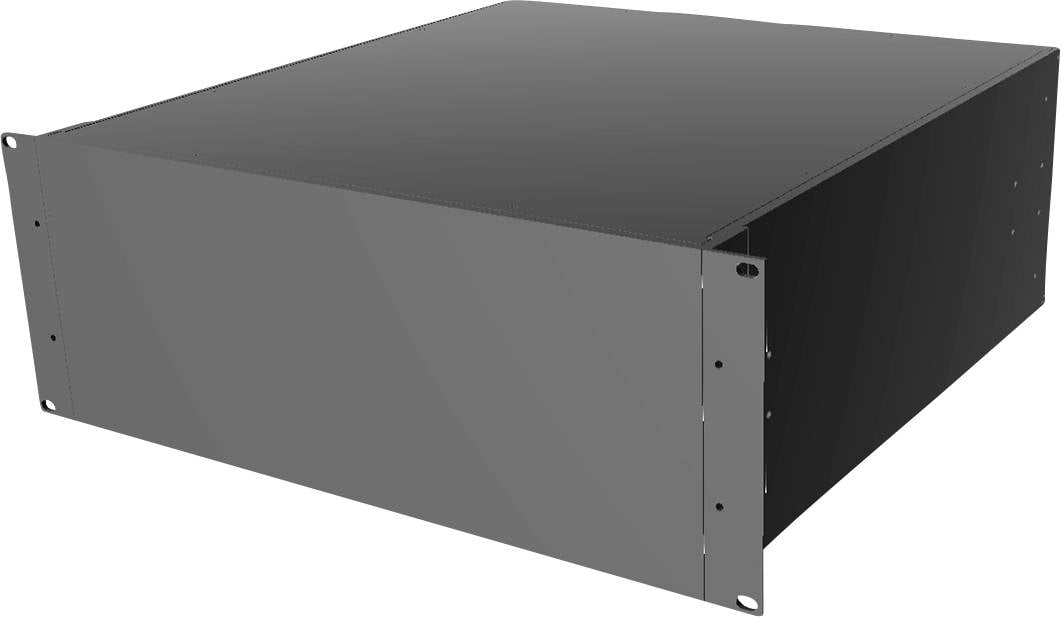 Boîtier électronique noir de forme rectangulaire, conçu pour montage en rack, fermé sur les côtés et à l'arrière.