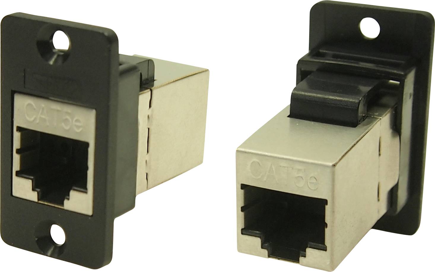 Deux prises réseau RJ45 Cat5e à bordure noire, adaptées au montage dans des équipements réseau et des répartiteurs.