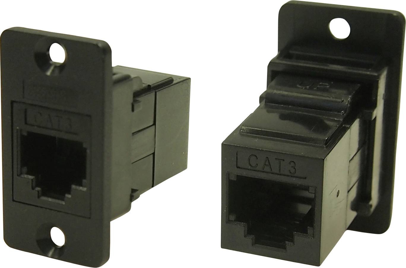 'Prise réseau CAT3 noire de forme rectangulaire, prise de côté. Adaptée aux applications de télécommunications.'
