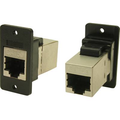 Deux adaptateurs réseau CAT5e, l'un dans un boîtier métallique noir et l'autre dans un boîtier métallique argenté, pour installation murale ou sur appareil.