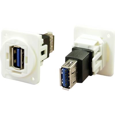 Deux prises USB 3.0 blanches pour montage mural, chacune avec un élément intérieur bleu et des contacts argentés, présentées sous différents angles.