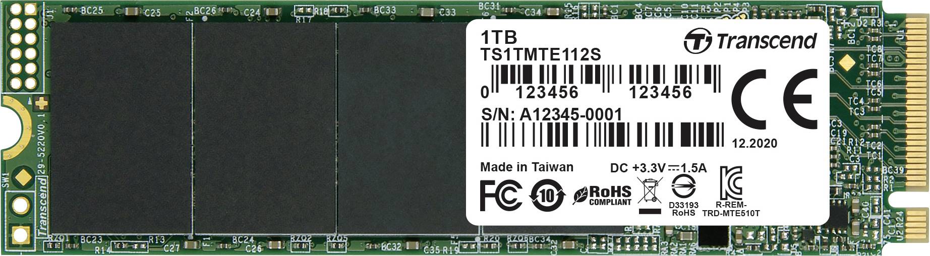 Transcend 1 To SSD, Modèle TS1TMTE112S, certifié CE. Fabriqué à Taïwan.