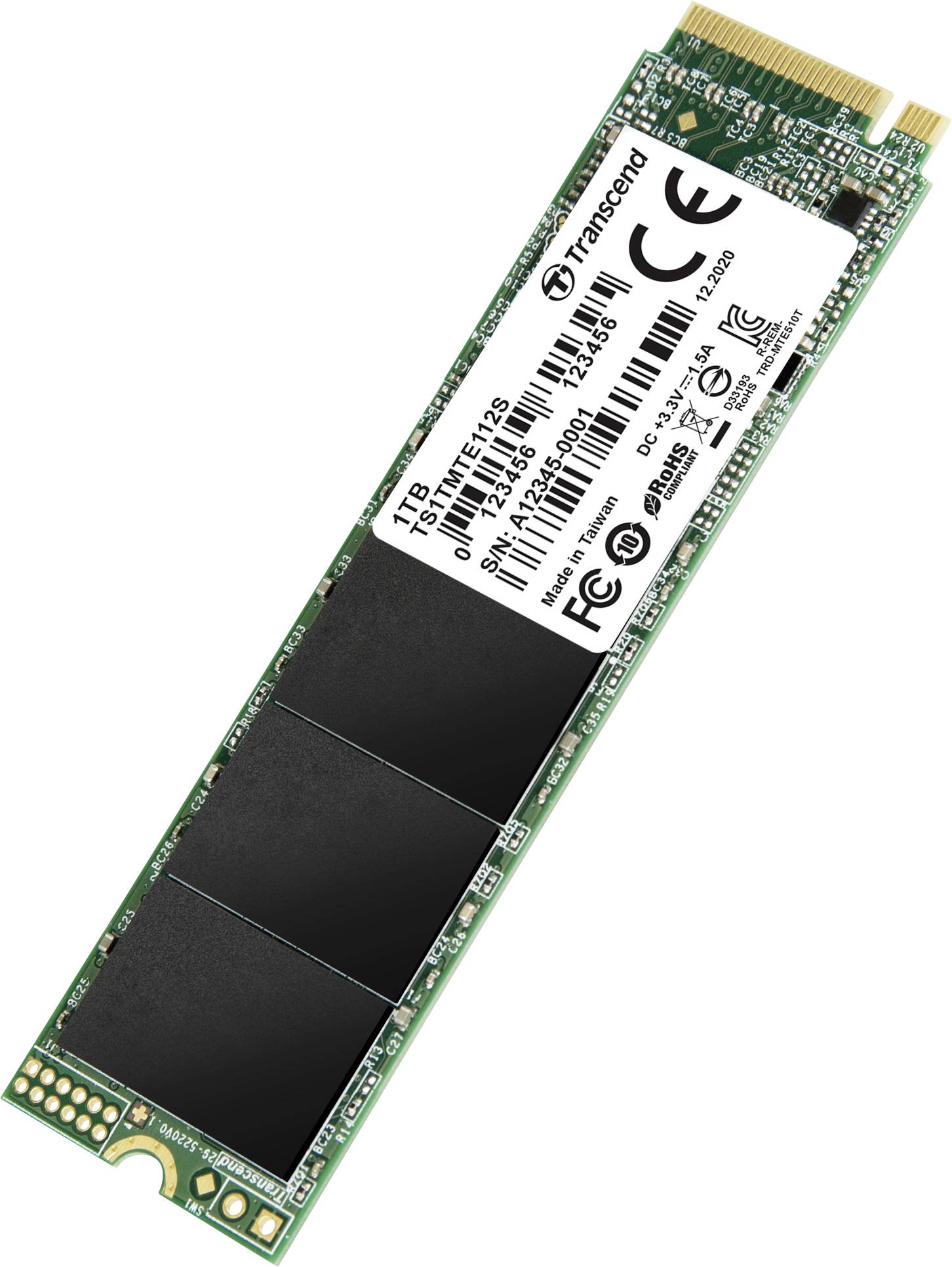 Un SSD M.2 Transcend de 1 To est représenté. Il a une forme plate et rectangulaire avec plusieurs puces sur le circuit imprimé.