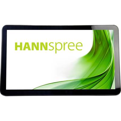 Un écran affichant le logo 'HANNspree' sur un fond blanc avec des formes abstraites vertes sur le côté droit.