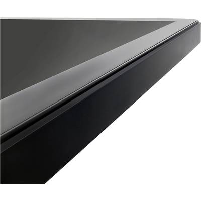 Gros plan sur un bord de table noir brillant avec une perspective en biais. Design minimaliste et moderne.