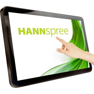 Une main touche l'écran d'un moniteur Hannspree au design graphique vert sur fond blanc.