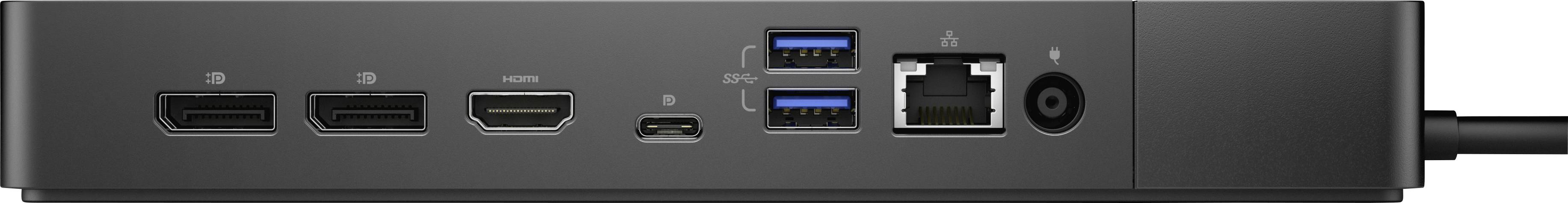 Arrière d'une station d'accueil noire avec des ports : deux HDMI, un DisplayPort, deux USB-A, un Ethernet et une prise d'alimentation.