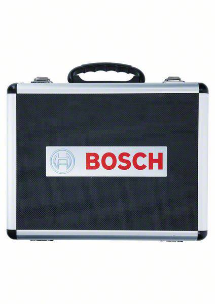 Valise noire avec un cadre et une poignée argentés, portant le logo 'BOSCH' en rouge sur un fond argenté.