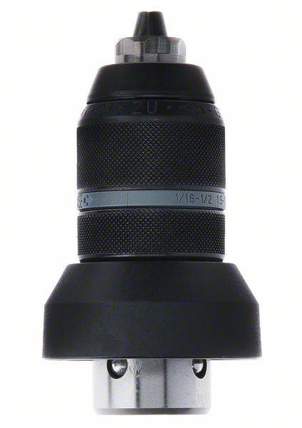 Mandrin de perceuse en gros plan, noir, avec un anneau gris ; forme cylindrique, partie de verrouillage dentée en haut, adapté pour les outils.