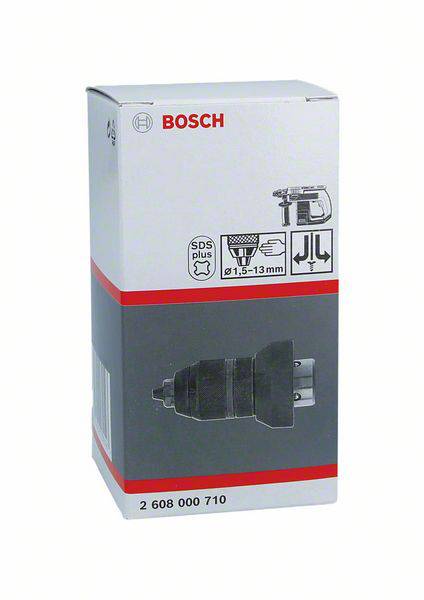Emballage d'adaptateur Bosch, SDS plus, 1,5-13 mm. Un adaptateur de marteau-perforateur est représenté sur un fond gris.