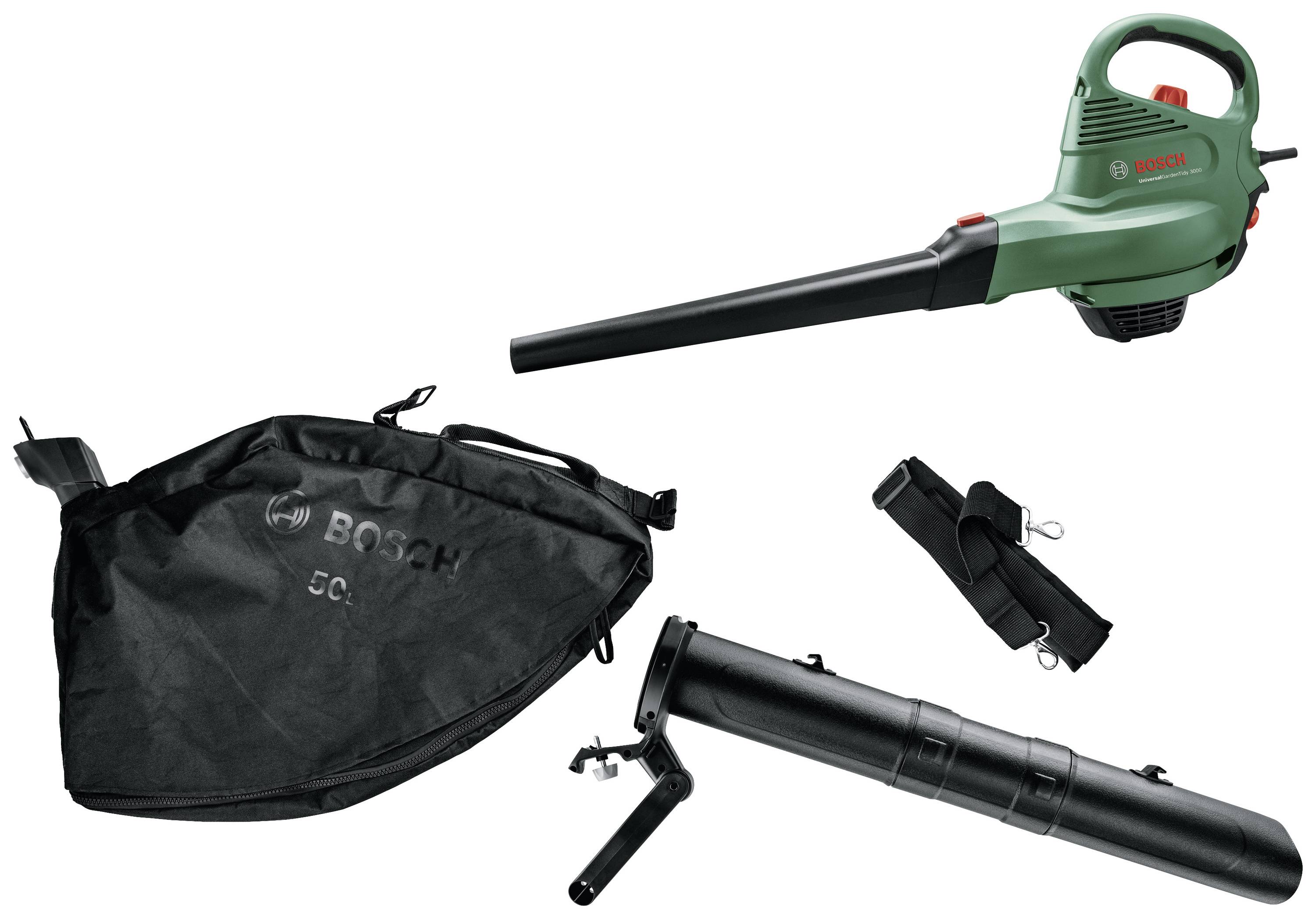 Souffleurs et aspirateurs de feuilles en design vert et noir avec accessoires : sac de collecte et bandoulière. Nom de la marque sur le sac.