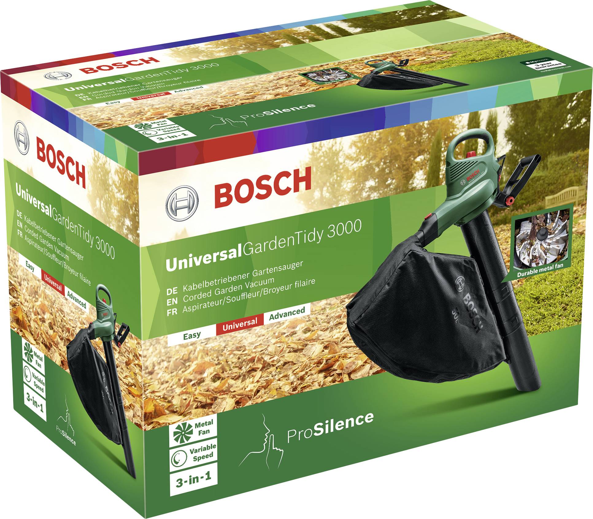 Emballage d'un aspirateur de jardin Bosch UniversalGardenTidy 3000. Montre l'appareil en action, met l'accent sur son utilisation dans le jardin. Fonctions : aspirer, souffler, déchiqueter.