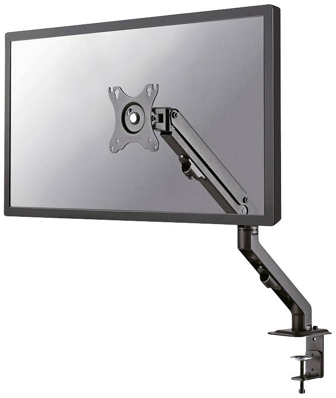 Un écran plat est fixé à un bras articulé réglable monté sur le bord d'une table, permettant un positionnement flexible.