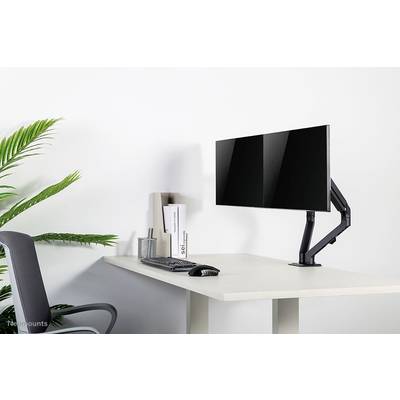 Bureau moderne avec un moniteur sur un bras articulé, un clavier et une souris. À gauche, une plante en pot et une chaise de bureau.