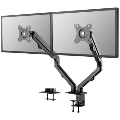 Support de double moniteur en métal noir, monté sur un bureau. Deux configurations d'écran possibles.