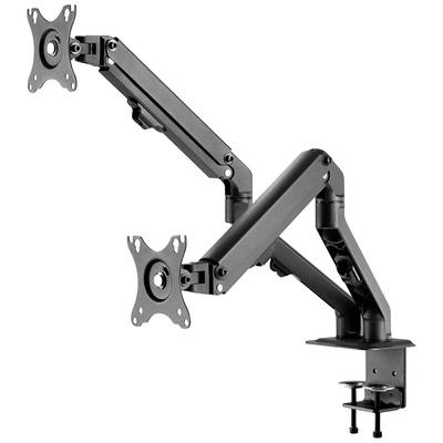 Support de moniteur double en noir, réglable en hauteur et en inclinaison, à fixer sur un bureau. Adapté pour deux écrans.
