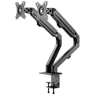 Deux supports de moniteur noirs avec bras ajustables et fixation de table. Adaptés pour la fixation de deux écrans.