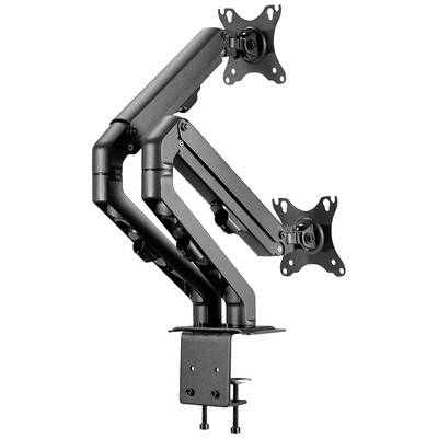 Support de moniteur double en métal noir avec bras ajustables et deux points de fixation pour moniteurs, montage sur bureau.