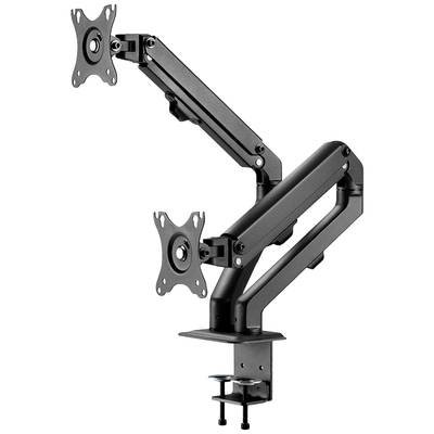 Support de moniteur double en métal noir, adapté à deux écrans. Se fixe sur un bureau.